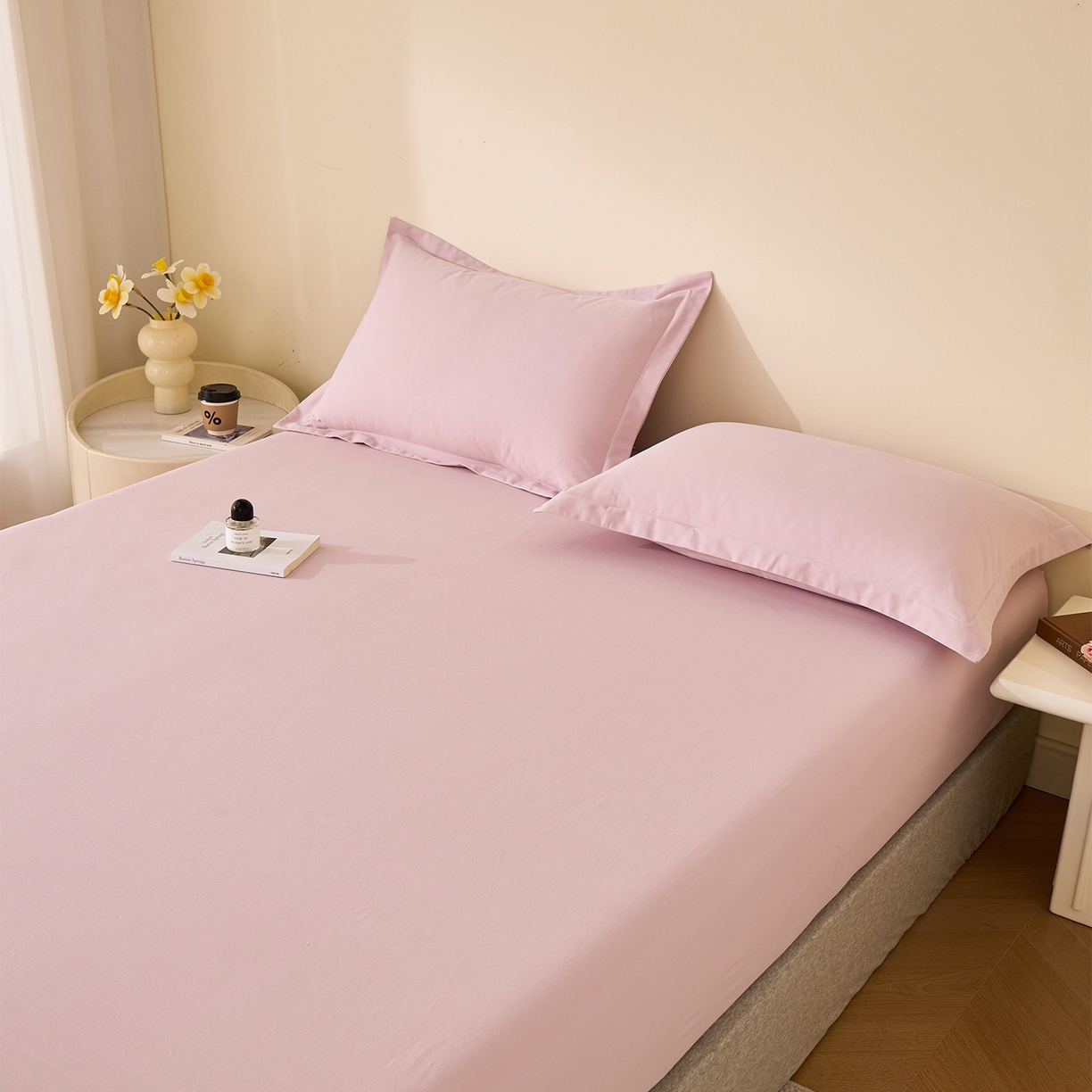 91家纺网 家纺一手货源 找家纺 元元家居（元元被业） 2025新款全棉纯棉磨毛纯色单床笠 水粉