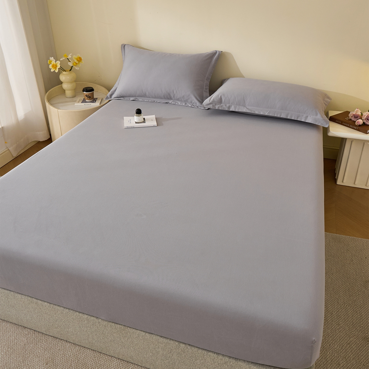 91家纺网 家纺一手货源 找家纺 元元家居（元元被业） 2025新款全棉纯棉磨毛纯色单床笠 烟灰