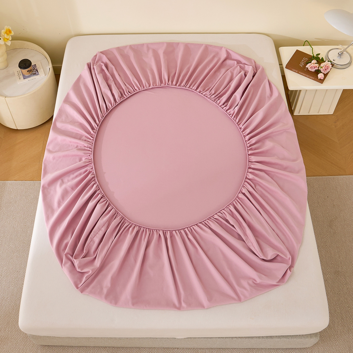 91家纺网 家纺一手货源 找家纺 元元家居（元元被业） 2025新款全棉纯棉磨毛纯色单床笠 芝士粉