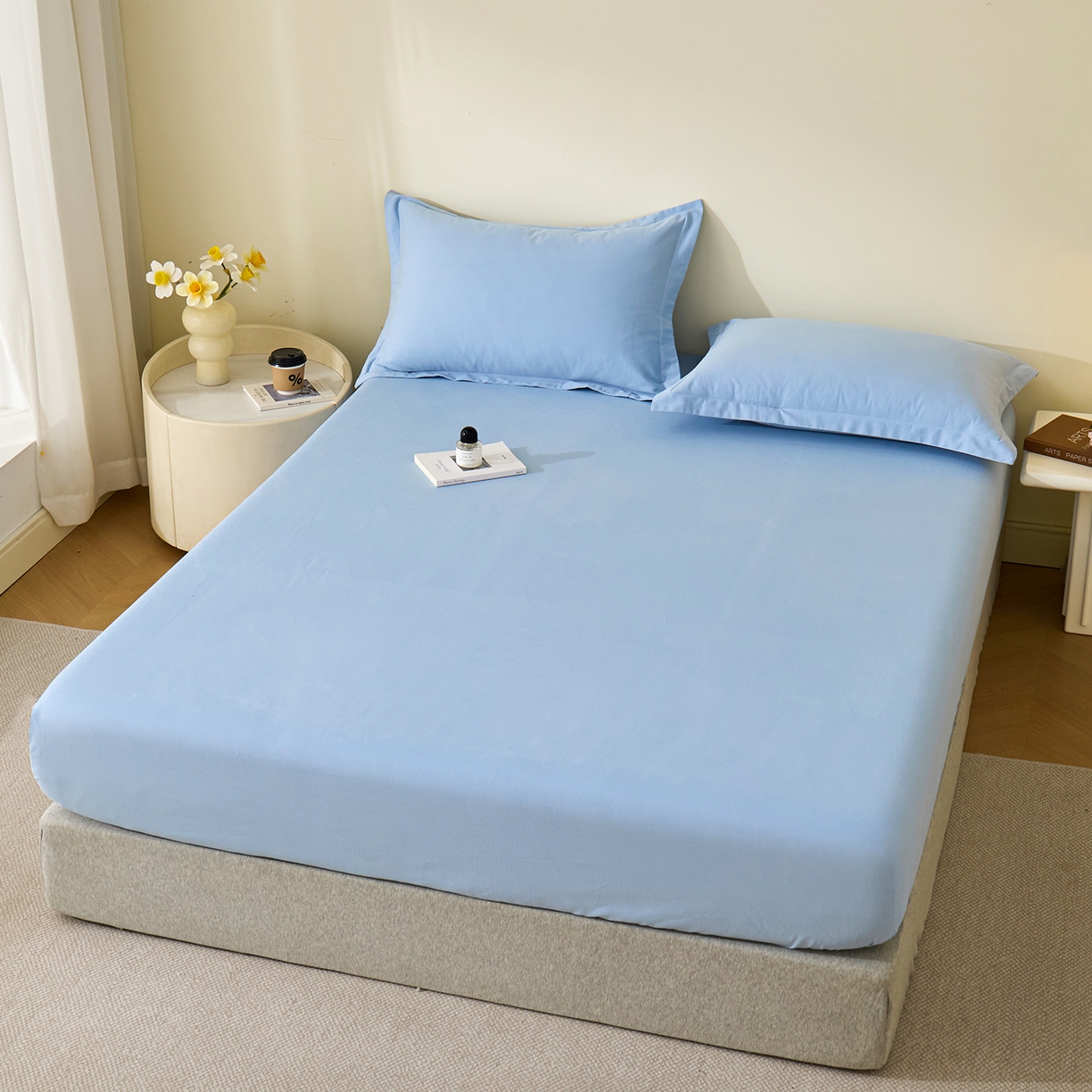 91家纺网 家纺一手货源 找家纺 元元家居（元元被业） 2025新款全棉纯棉磨毛纯色单床笠 景泰蓝