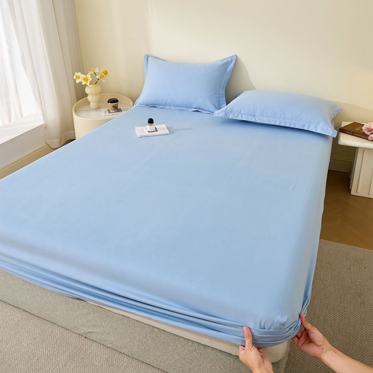 91家纺网 家纺一手货源 找家纺 元元家居（元元被业） 2025新款全棉纯棉磨毛纯色单床笠 景泰蓝