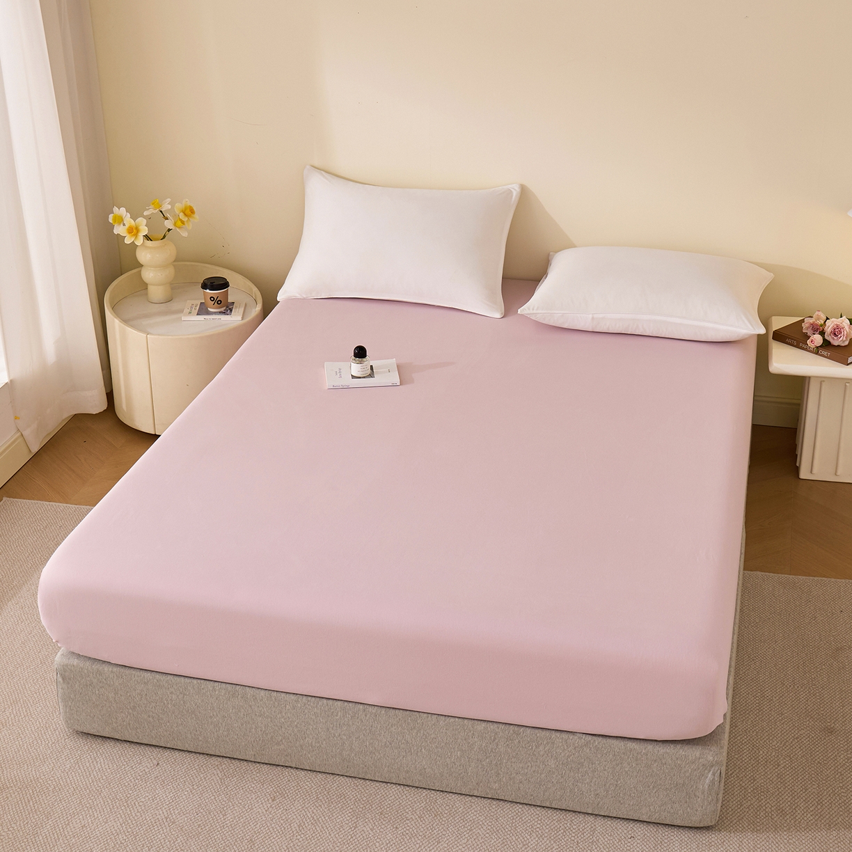 91家纺网 家纺一手货源 找家纺 元元家居（元元被业） 2025新款全棉纯棉磨毛纯色单床笠 水粉