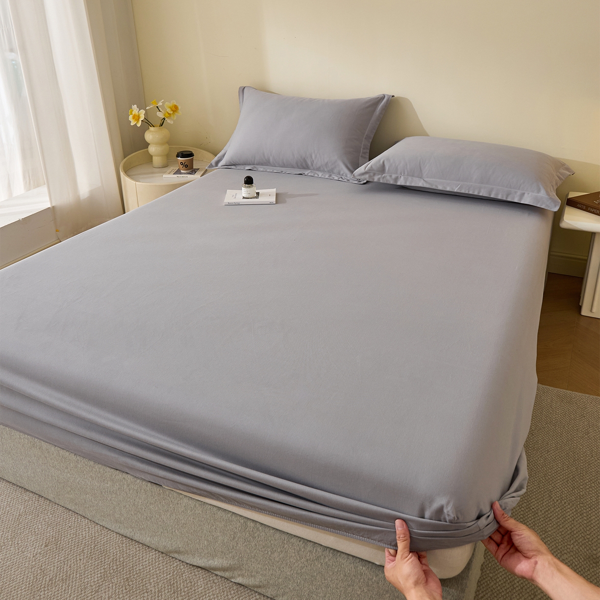 91家纺网 家纺一手货源 找家纺 元元家居（元元被业） 2025新款全棉纯棉磨毛纯色单床笠 烟灰