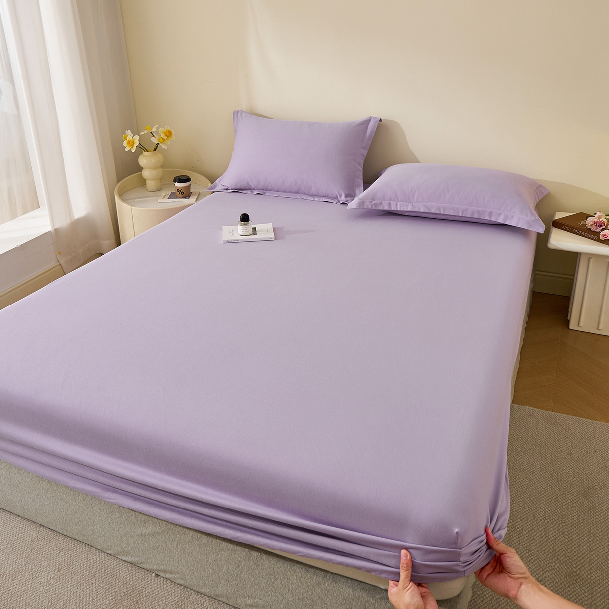 91家纺网 家纺一手货源 找家纺 元元家居（元元被业） 2025新款全棉纯棉磨毛纯色单床笠 慕山紫