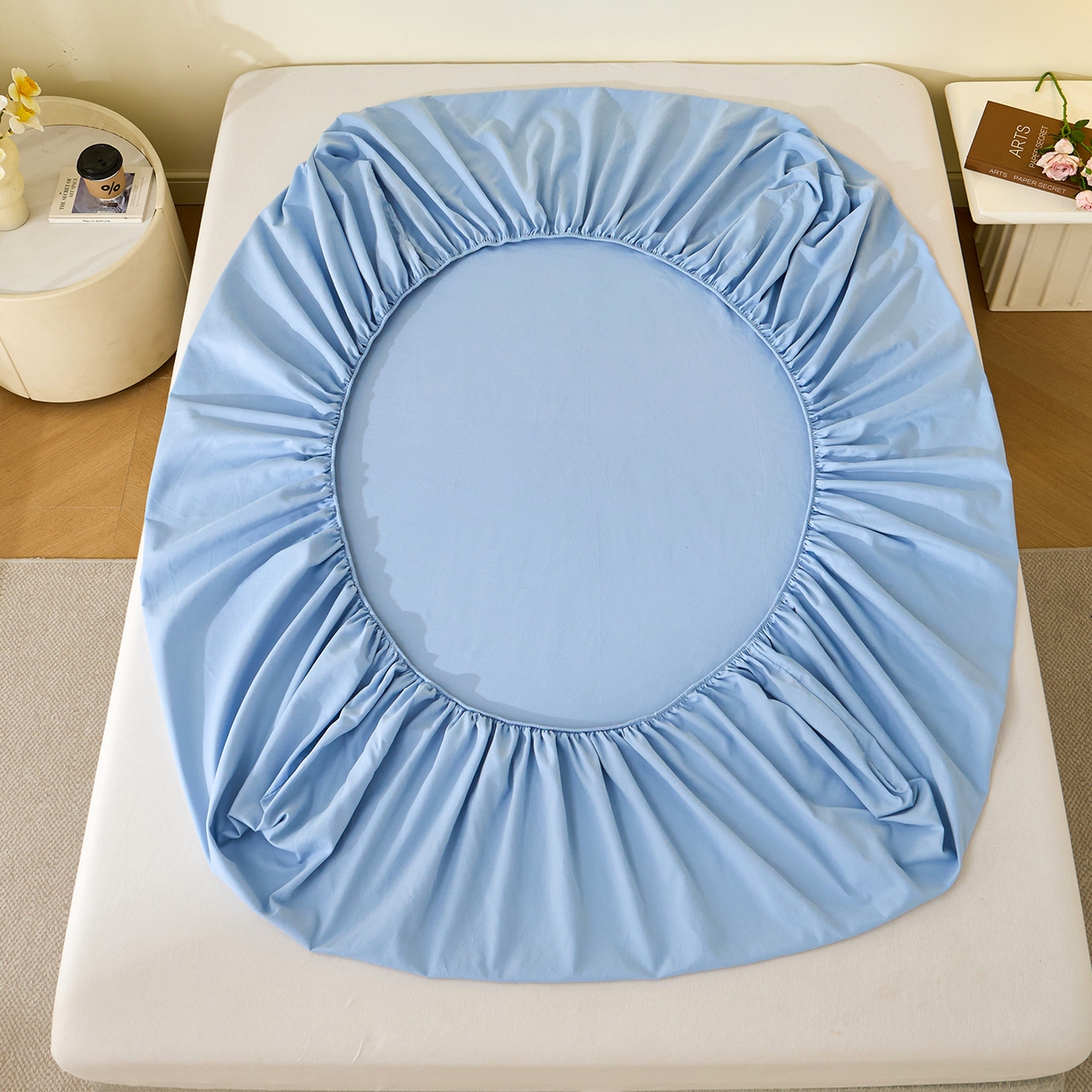 91家纺网 家纺一手货源 找家纺 元元家居（元元被业） 2025新款全棉纯棉磨毛纯色单床笠 景泰蓝