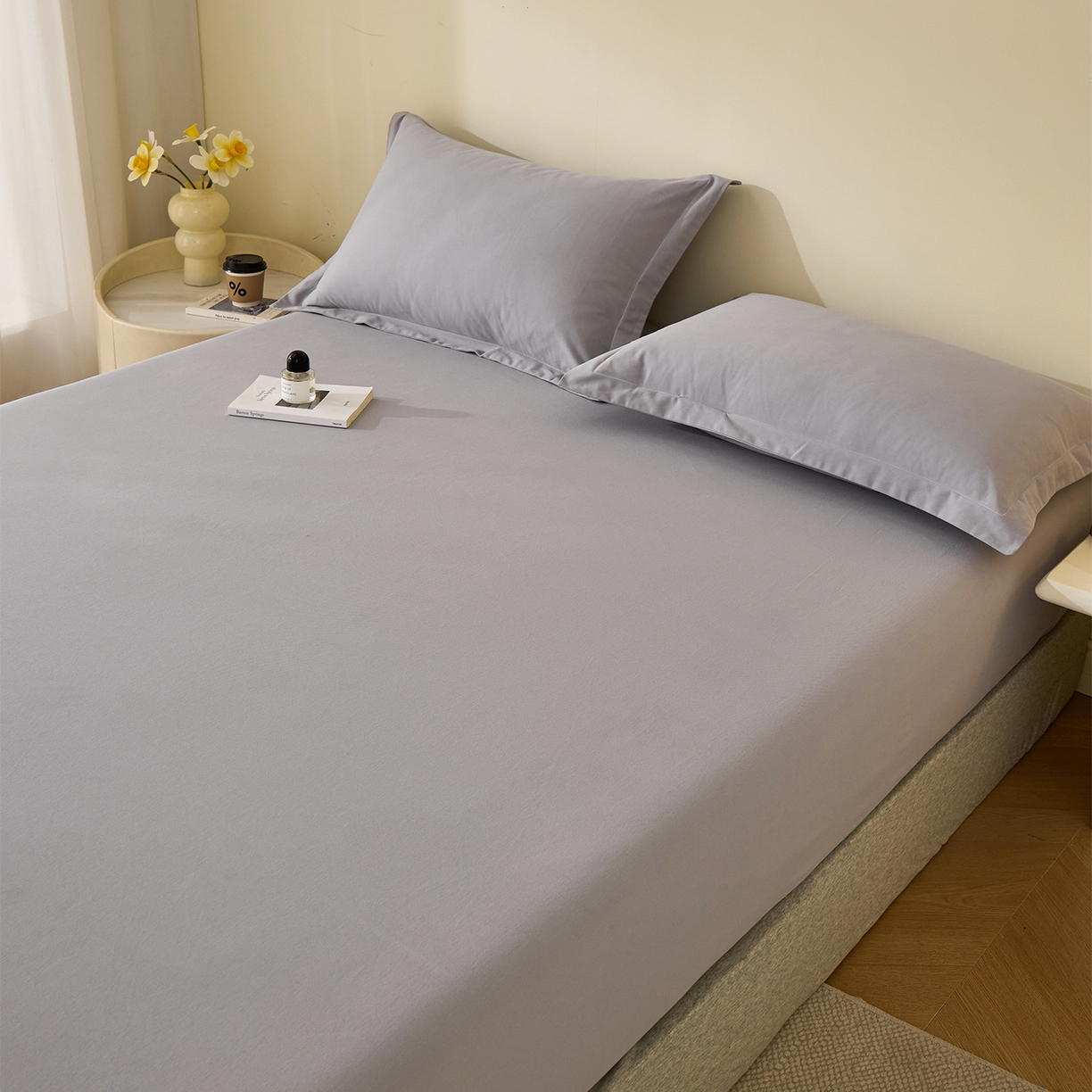 91家纺网 家纺一手货源 找家纺 元元家居（元元被业） 2025新款全棉纯棉磨毛纯色单床笠 烟灰