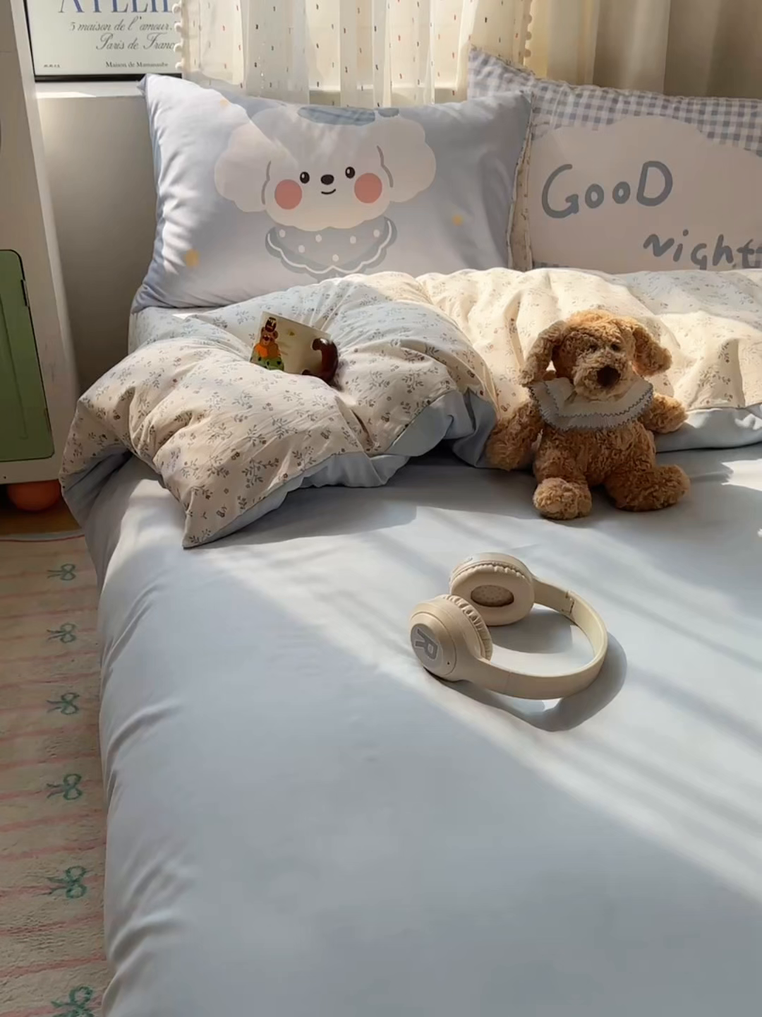 91家纺网 家纺一手货源 找家纺 澜妃 2025新款萌萌哒卡通毛巾绣四件套系列一 晚安月亮小狗