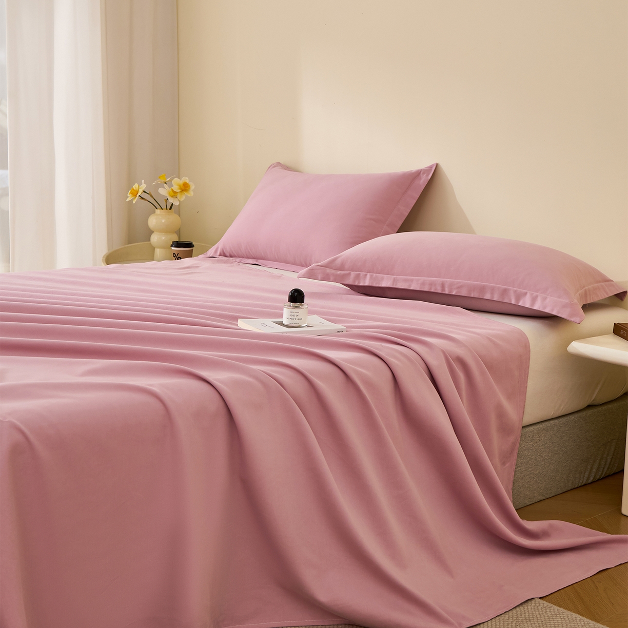 91家纺网 家纺一手货源 找家纺 元元家居（元元被业） 2025新款全棉纯棉磨毛纯色单床单 芝士粉