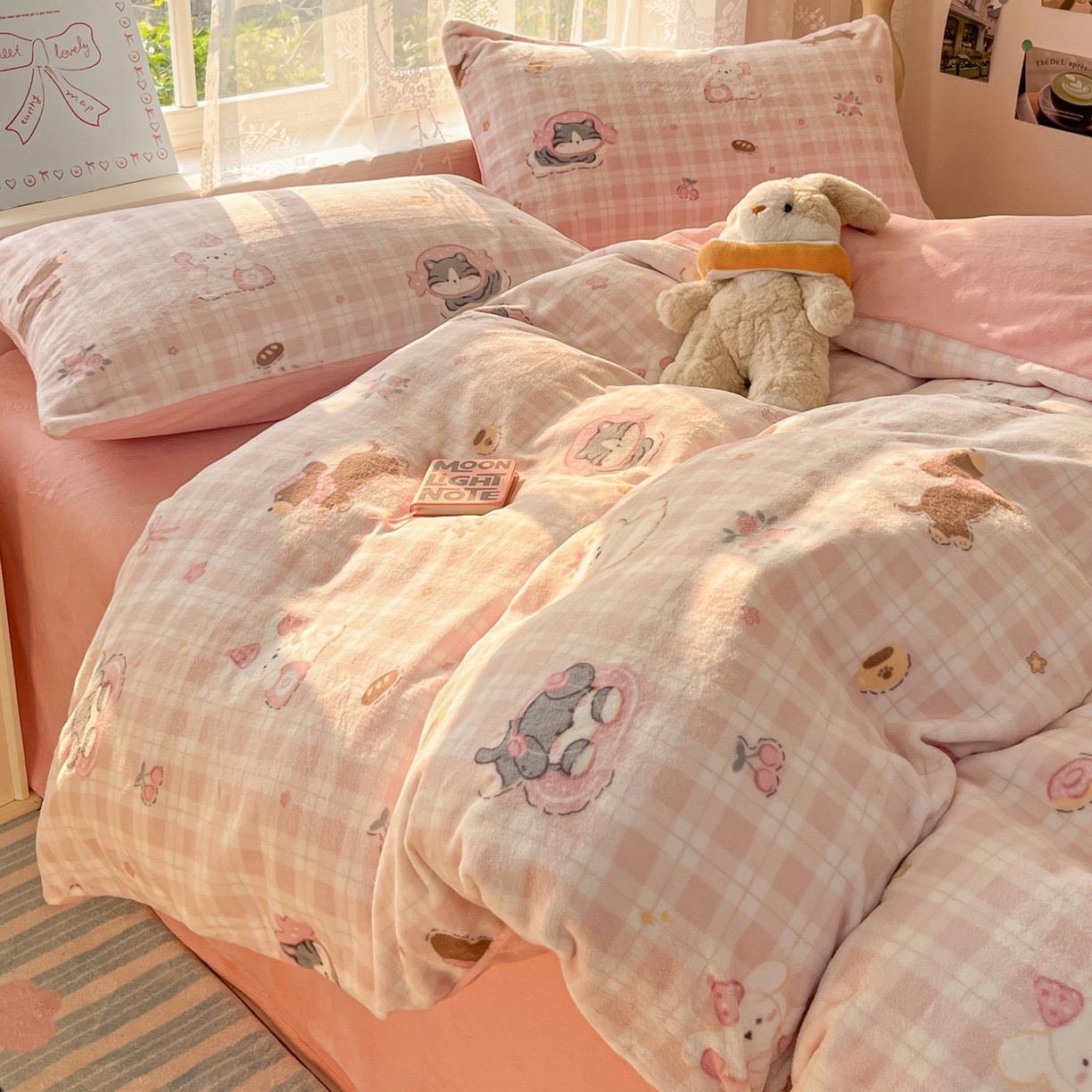 91家纺网 家纺一手货源 找家纺 如一 2025新款高克重卡通印花牛奶绒四件套第三批 粉格汪