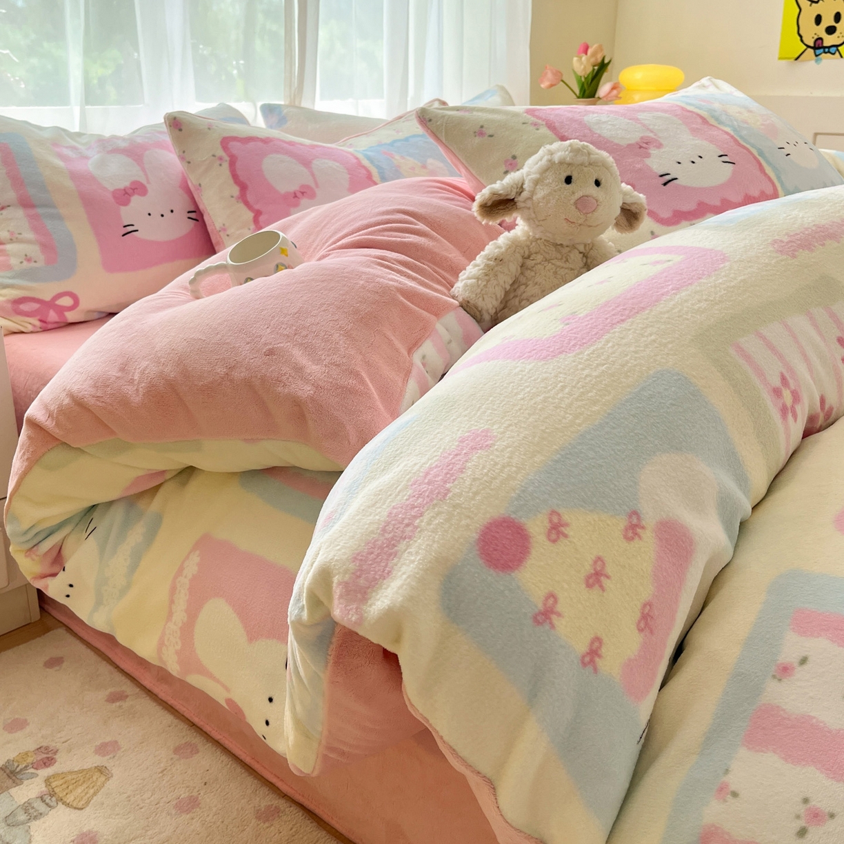 如一 2025新款高克重卡通印花牛奶绒四件套第三批 粉粉兔