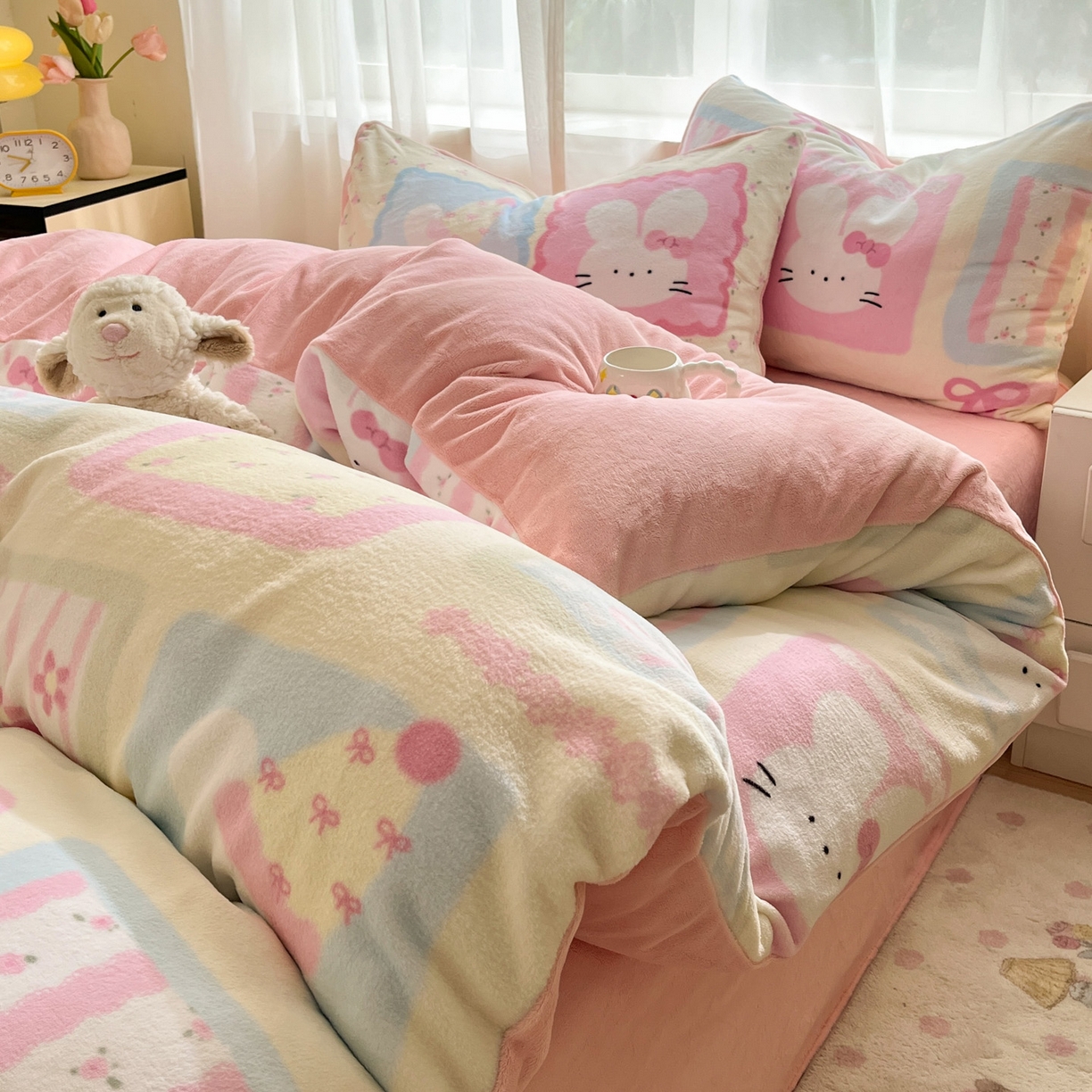 91家纺网 家纺一手货源 找家纺 如一 2025新款高克重卡通印花牛奶绒四件套第三批 粉粉兔