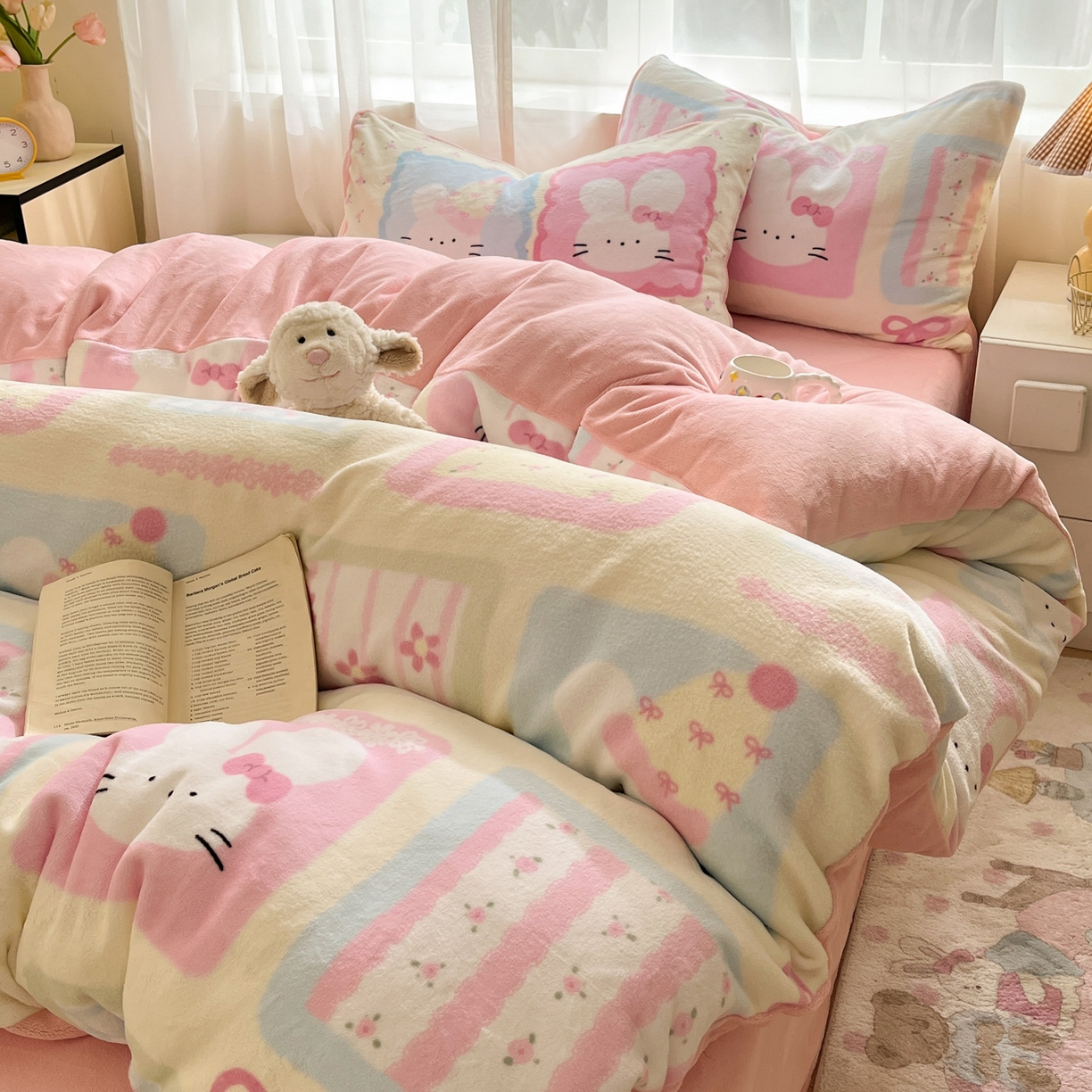 91家纺网 家纺一手货源 找家纺 如一 2025新款高克重卡通印花牛奶绒四件套第三批 粉粉兔