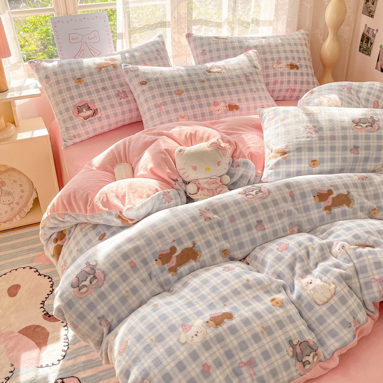 91家纺网 家纺一手货源 找家纺 如一 2025新款高克重卡通印花牛奶绒四件套第三批 蓝格汪