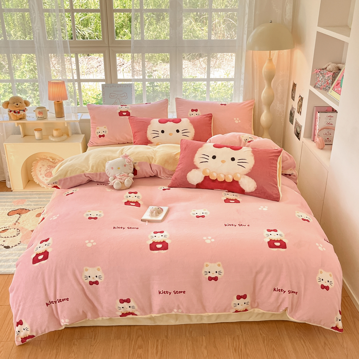 91家纺网 家纺一手货源 找家纺 如一 2025新款高克重卡通印花牛奶绒四件套第三批 猫咪粉