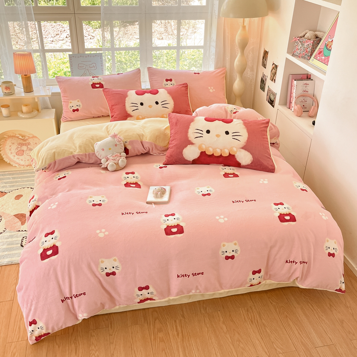 91家纺网 家纺一手货源 找家纺 如一 2025新款高克重卡通印花牛奶绒四件套第三批 猫咪粉