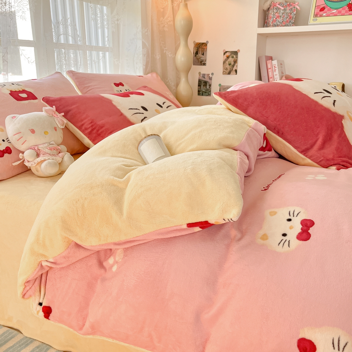 91家纺网 家纺一手货源 找家纺 如一 2025新款高克重卡通印花牛奶绒四件套第三批 猫咪粉