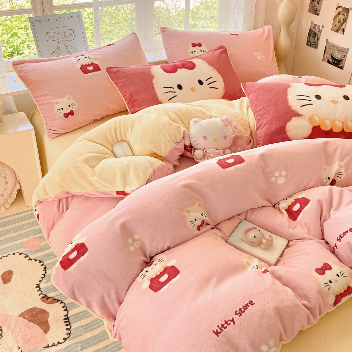 91家纺网 家纺一手货源 找家纺 如一 2025新款高克重卡通印花牛奶绒四件套第三批 猫咪粉