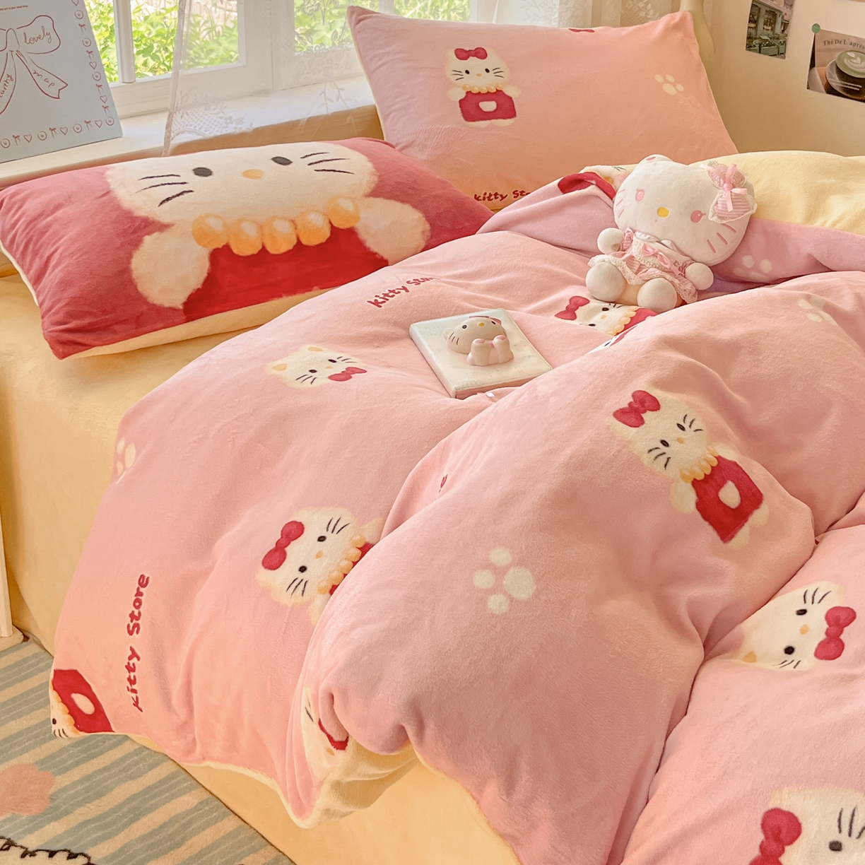 91家纺网 家纺一手货源 找家纺 如一 2025新款高克重卡通印花牛奶绒四件套第三批 猫咪粉