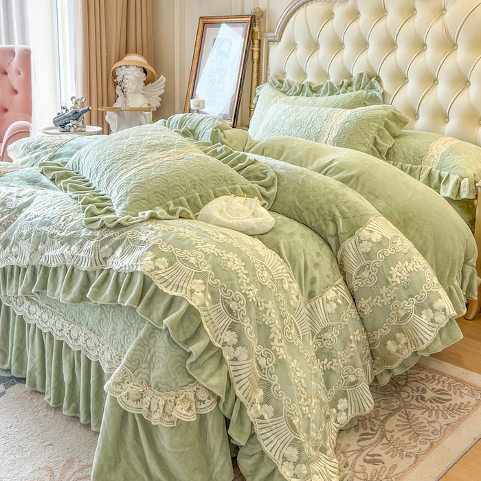 91家纺网 家纺一手货源 找家纺 瑞宝 2025新款全消光牛奶绒床盖四件套-华尔兹 华尔兹-青柠绿（控价310起 ）