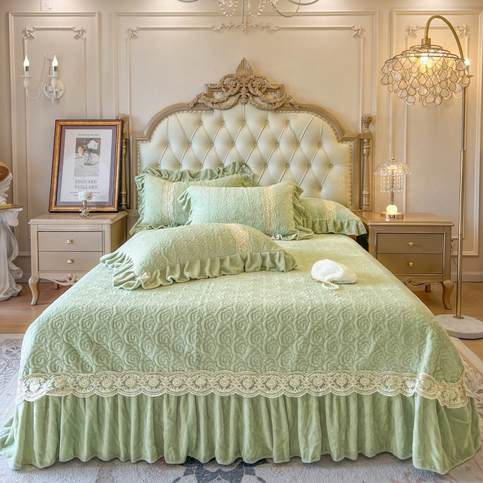 91家纺网 家纺一手货源 找家纺 瑞宝 2025新款全消光牛奶绒床盖四件套-华尔兹 华尔兹-青柠绿（控价310起 ）