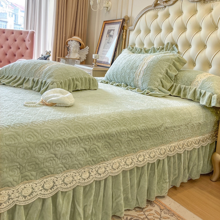 91家纺网 家纺一手货源 找家纺 瑞宝 2025新款全消光牛奶绒床盖四件套-华尔兹 华尔兹-青柠绿（控价310起 ）