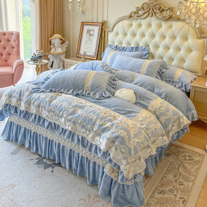 91家纺网 家纺一手货源 找家纺 瑞宝 2025新款全消光牛奶绒床盖四件套-华尔兹 华尔兹-星空蓝（控价310起 ）