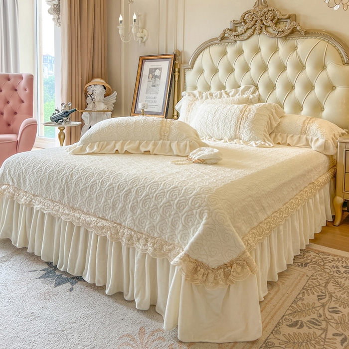 91家纺网 家纺一手货源 找家纺 瑞宝 2025新款全消光牛奶绒床盖四件套-华尔兹 华尔兹-奶油米（控价310起 ）