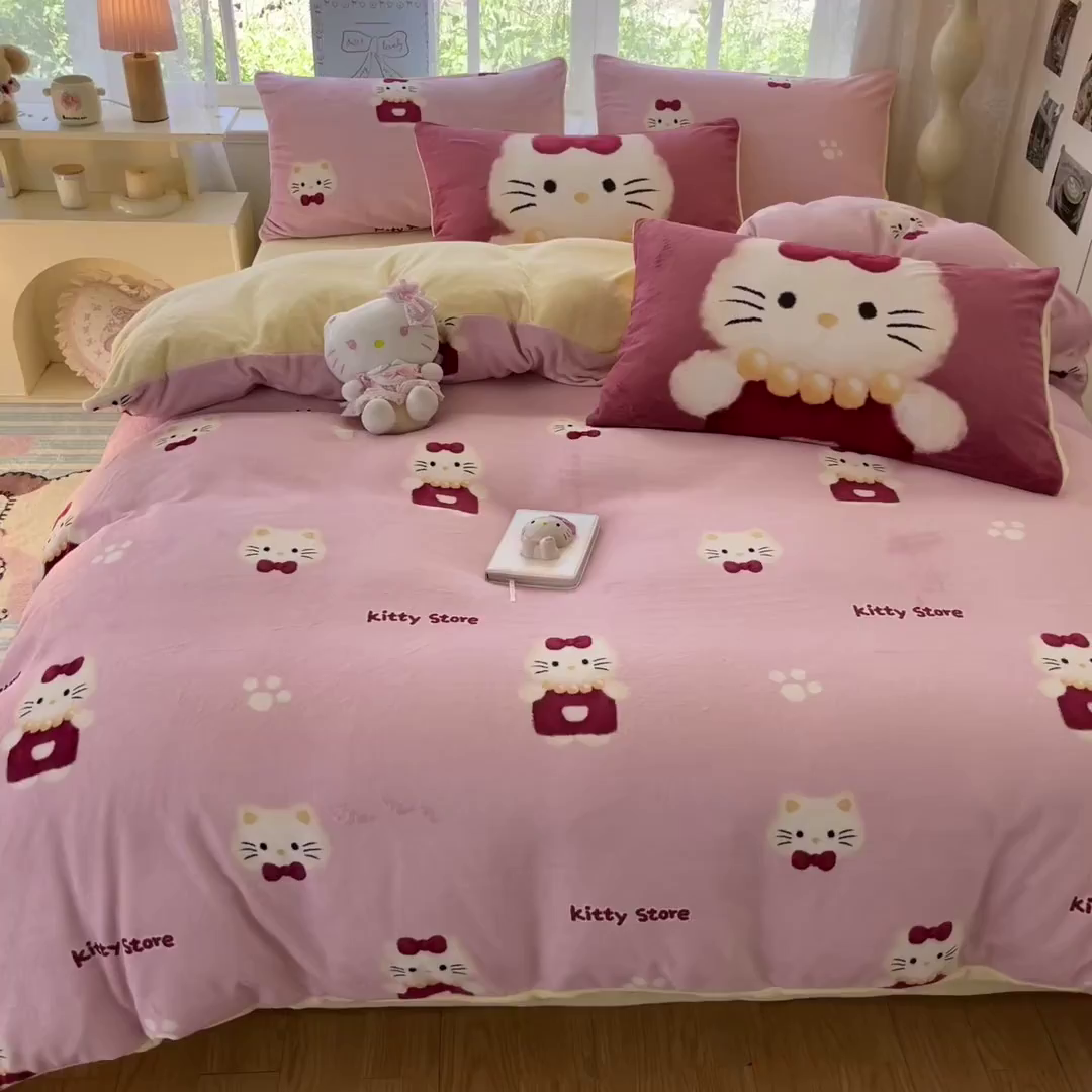 91家纺网 家纺一手货源 找家纺 如一 2025新款高克重卡通印花牛奶绒四件套第三批 猫咪粉