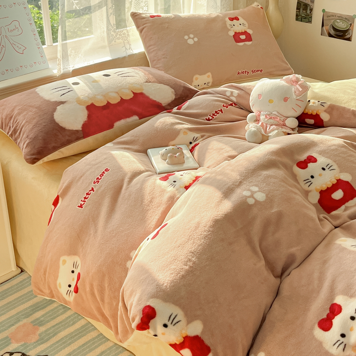 91家纺网 家纺一手货源 找家纺 如一 2025新款高克重卡通印花牛奶绒四件套第三批 猫咪咖