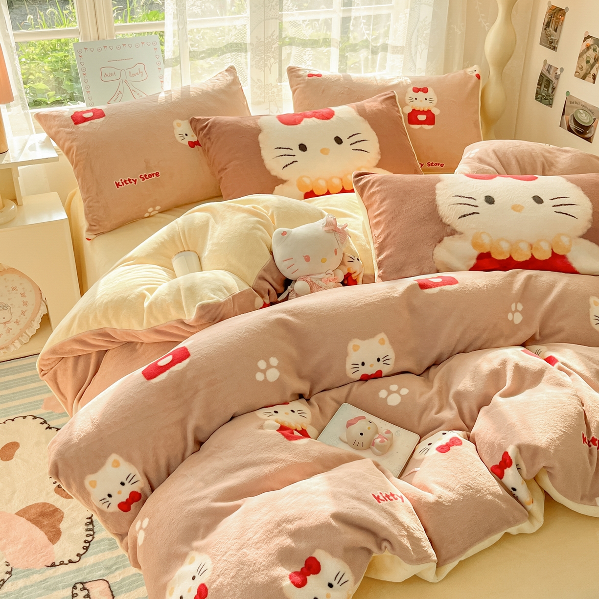 91家纺网 家纺一手货源 找家纺 如一 2025新款高克重卡通印花牛奶绒四件套第三批 猫咪咖