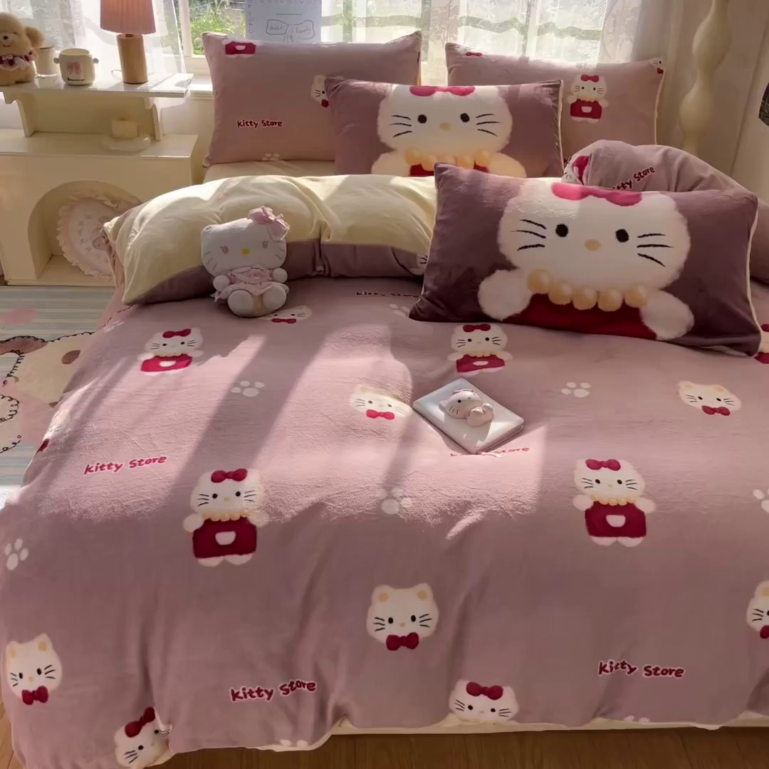 91家纺网 家纺一手货源 找家纺 如一 2025新款高克重卡通印花牛奶绒四件套第三批 猫咪咖