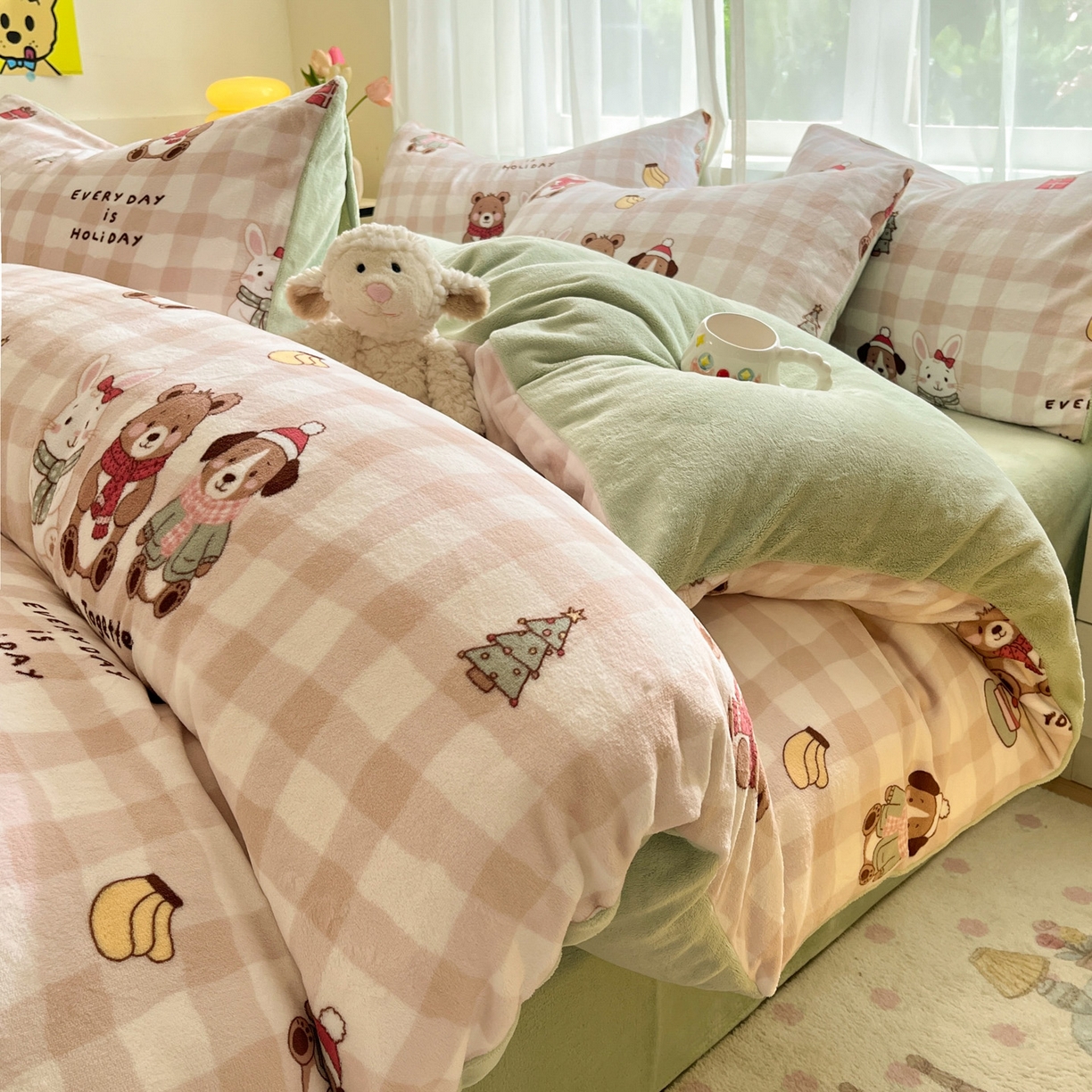 91家纺网 家纺一手货源 找家纺 如一 2025新款高克重卡通印花牛奶绒四件套第三批 圣诞日