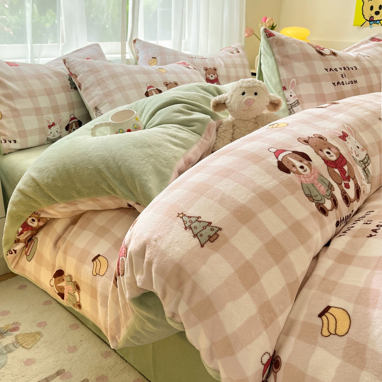 91家纺网 家纺一手货源 找家纺 如一 2025新款高克重卡通印花牛奶绒四件套第三批 圣诞日