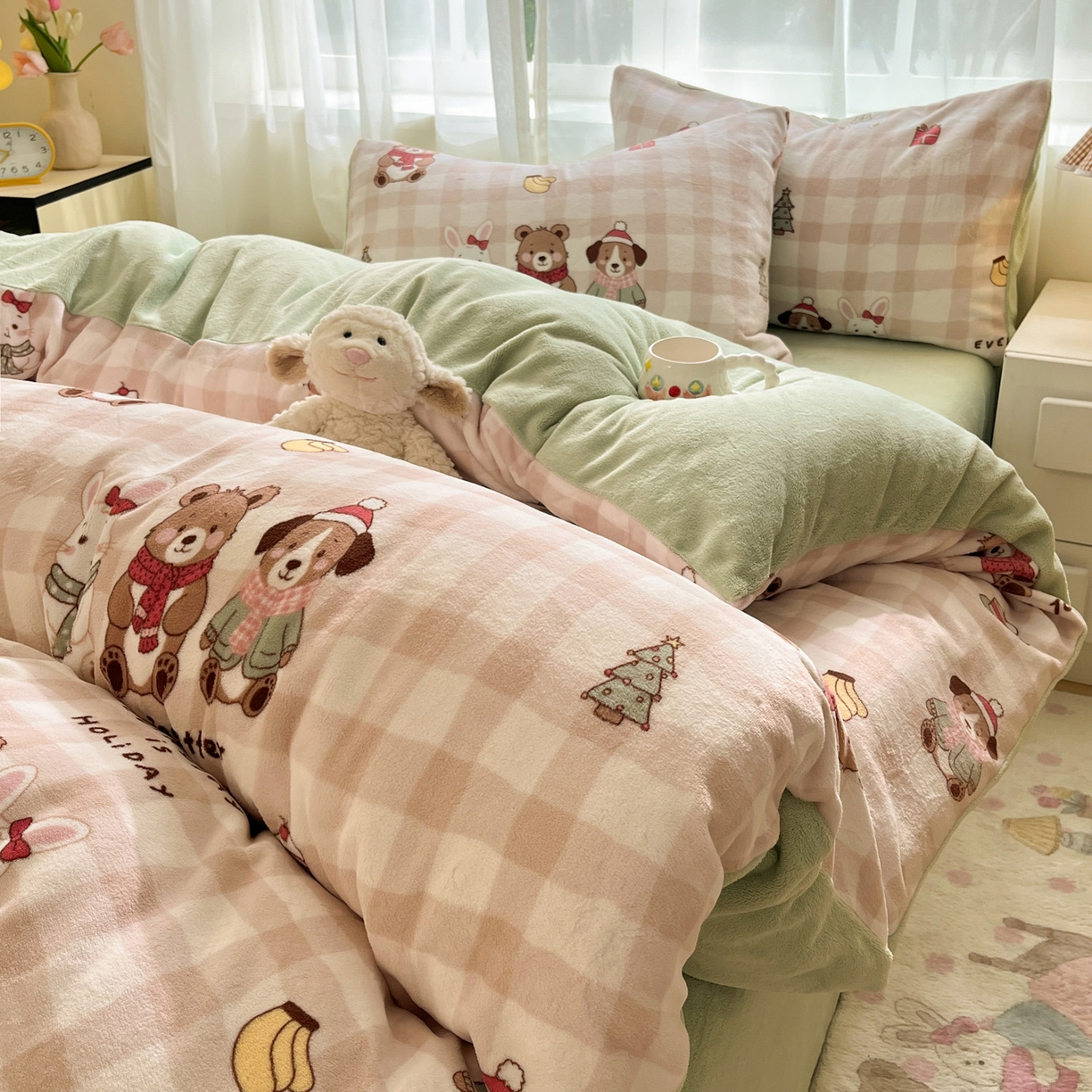 91家纺网 家纺一手货源 找家纺 如一 2025新款高克重卡通印花牛奶绒四件套第三批 圣诞日