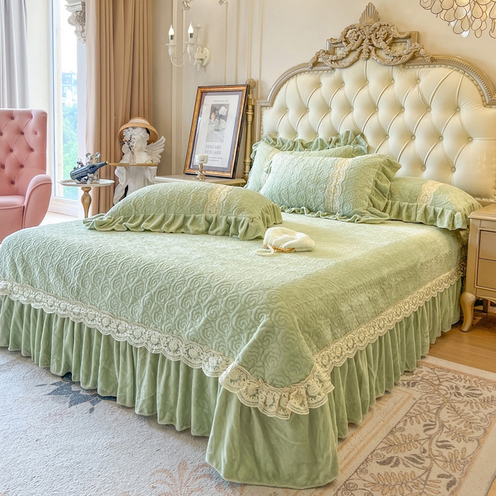 91家纺网 家纺一手货源 找家纺 瑞宝 2025新款全消光牛奶绒床盖单件床盖单品单床盖床盖三件套-华尔兹 华尔兹-青柠绿