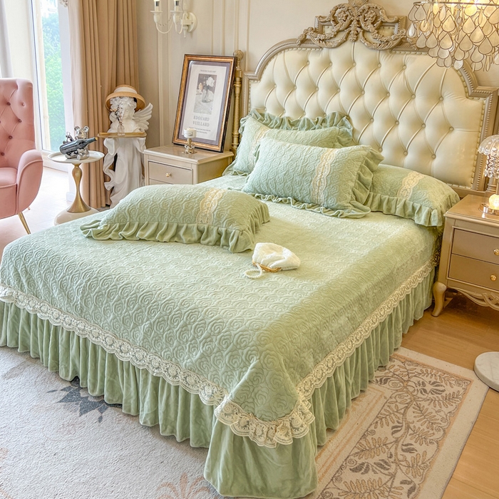 91家纺网 家纺一手货源 找家纺 瑞宝 2025新款全消光牛奶绒床盖单件床盖单品单床盖床盖三件套-华尔兹 华尔兹-青柠绿