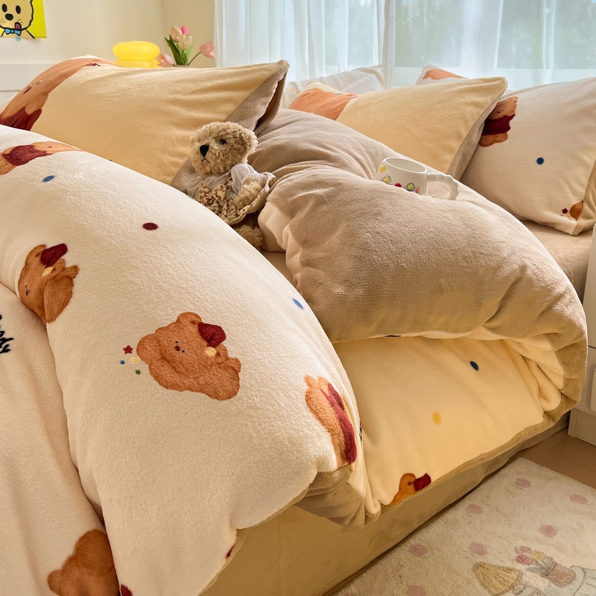 91家纺网 家纺一手货源 找家纺 如一 2025新款高克重卡通印花牛奶绒四件套第三批 泰迪熊