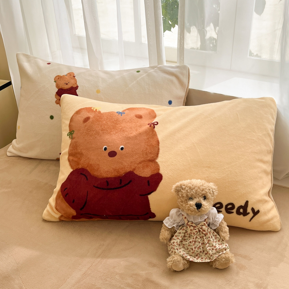 91家纺网 家纺一手货源 找家纺 如一 2025新款高克重卡通印花牛奶绒四件套第三批 泰迪熊