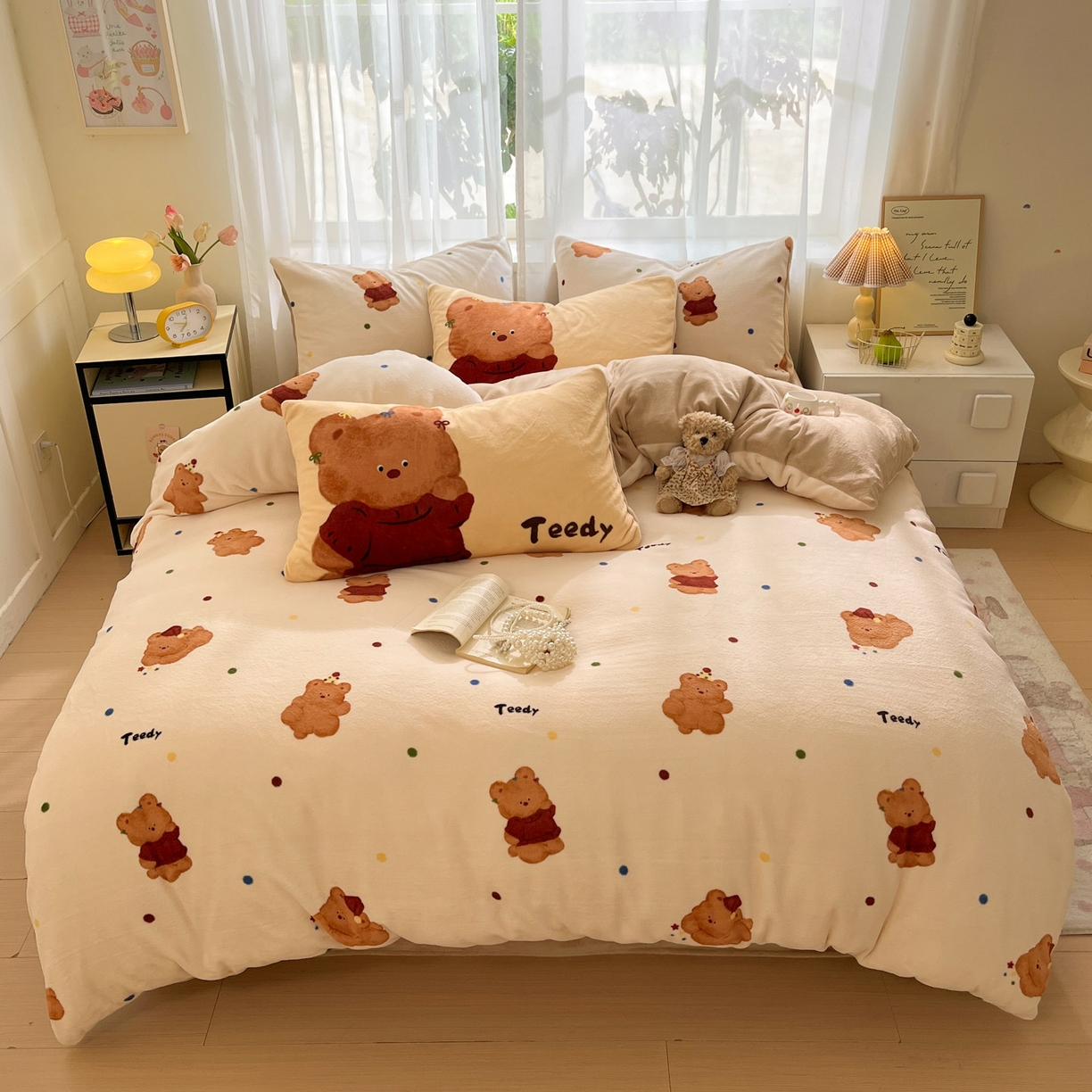 91家纺网 家纺一手货源 找家纺 如一 2025新款高克重卡通印花牛奶绒四件套第三批 泰迪熊