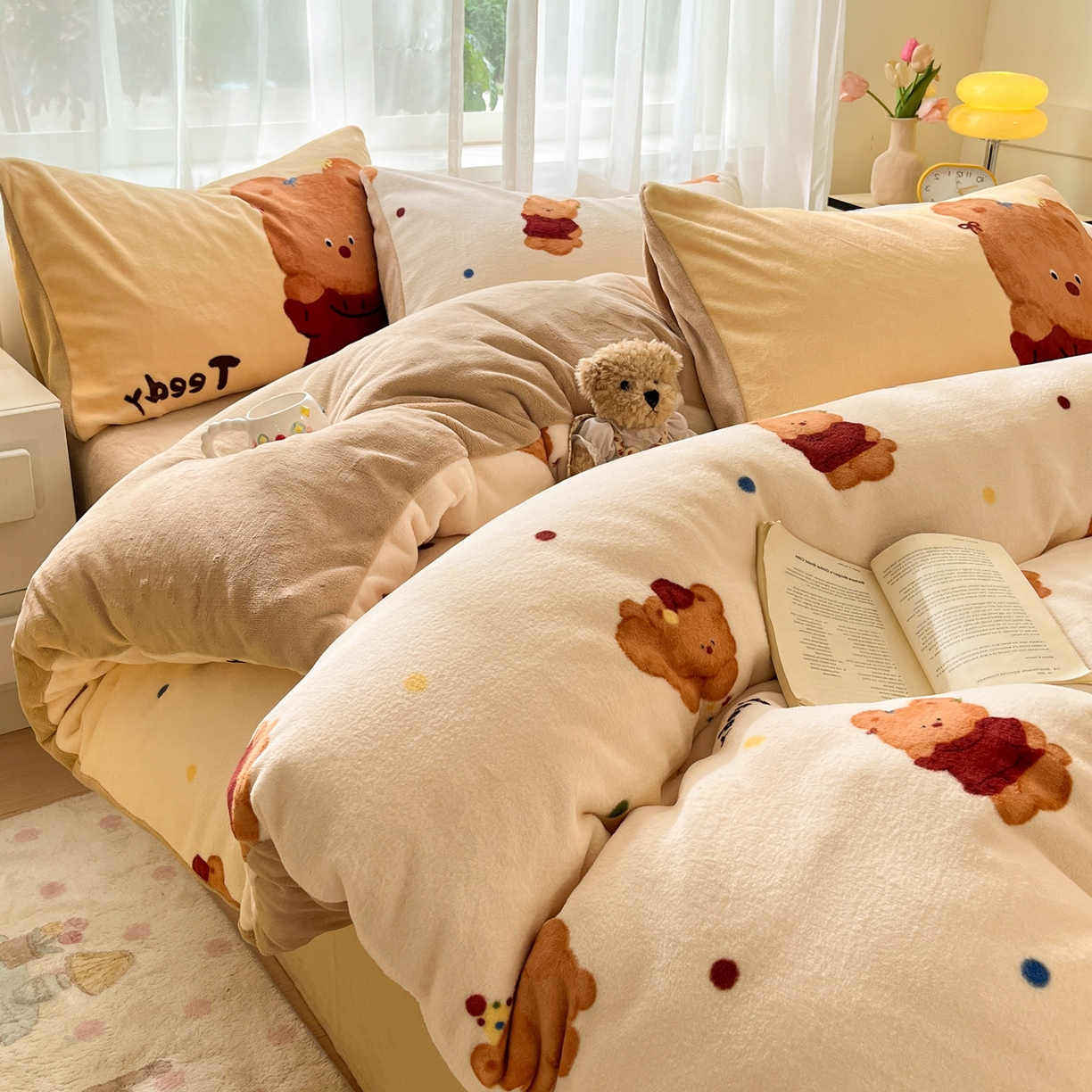 91家纺网 家纺一手货源 找家纺 如一 2025新款高克重卡通印花牛奶绒四件套第三批 泰迪熊