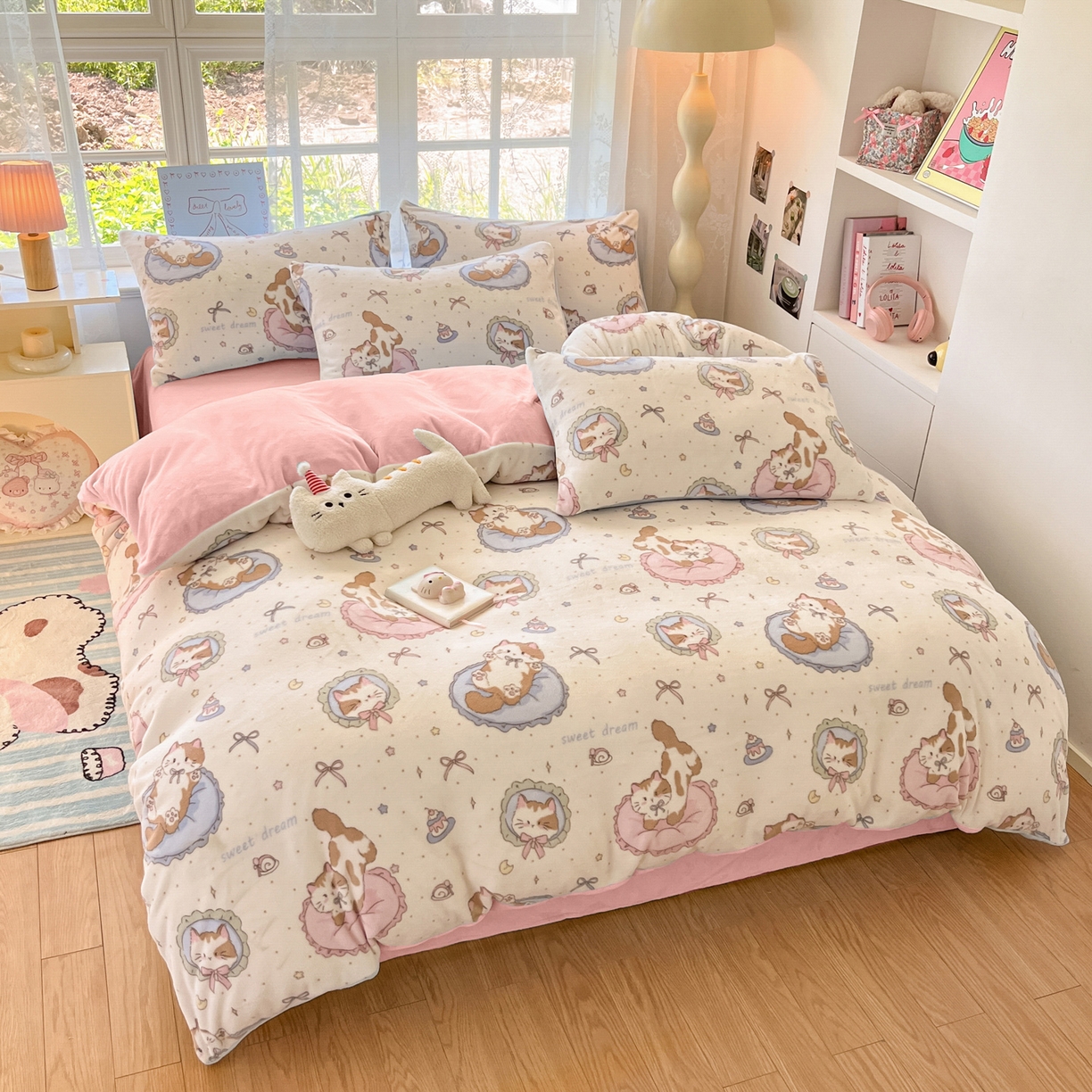 91家纺网 家纺一手货源 找家纺 如一 2025新款高克重卡通印花牛奶绒四件套第三批 小粉喵