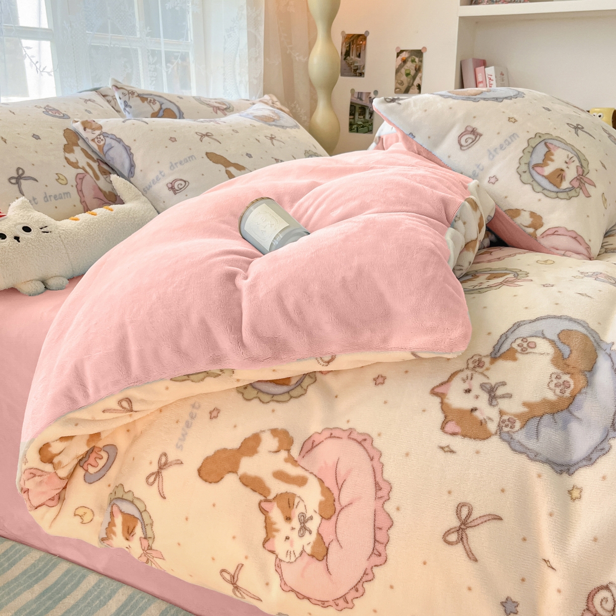 91家纺网 家纺一手货源 找家纺 如一 2025新款高克重卡通印花牛奶绒四件套第三批 小粉喵