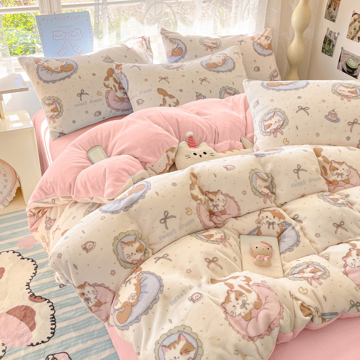 91家纺网 家纺一手货源 找家纺 如一 2025新款高克重卡通印花牛奶绒四件套第三批 小粉喵