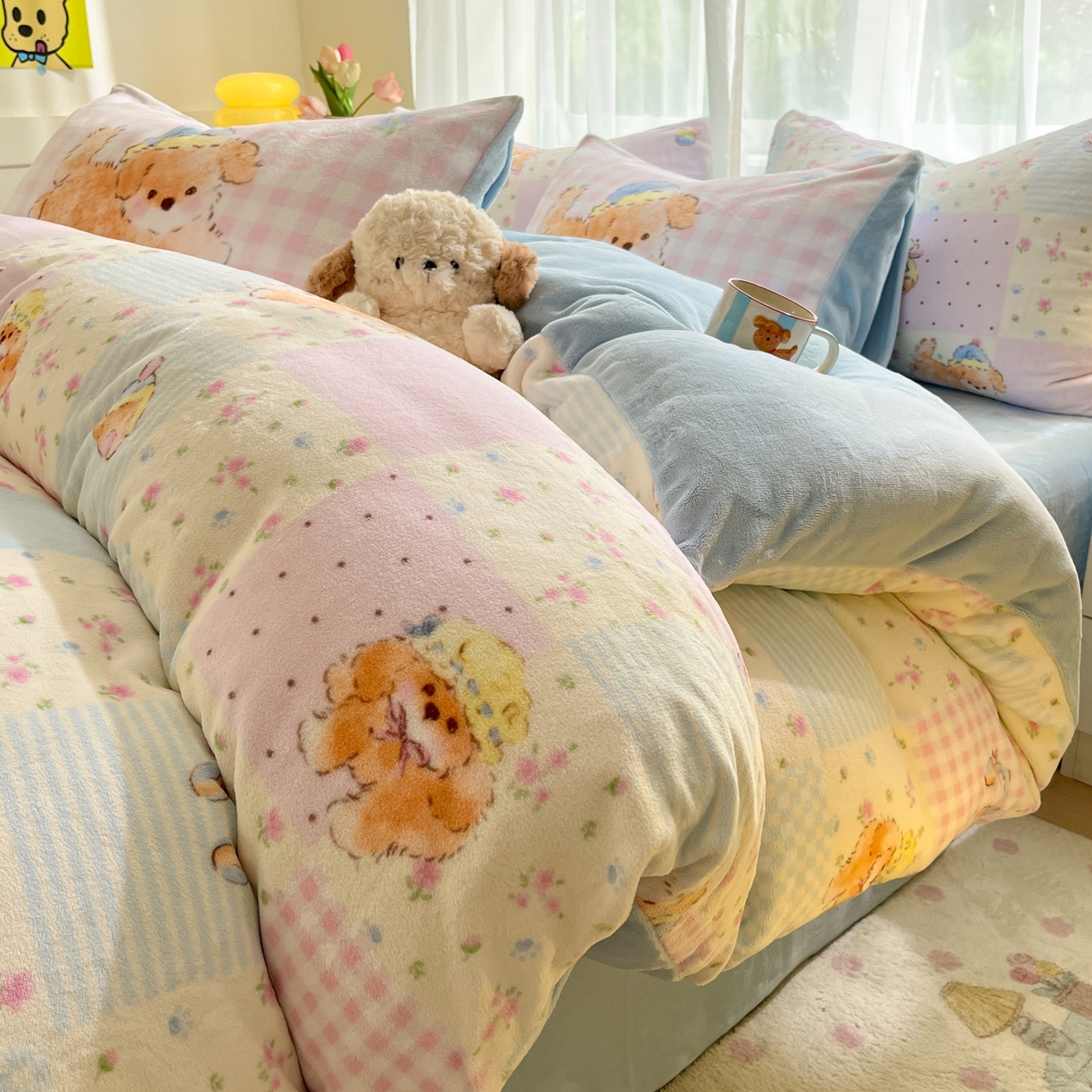 91家纺网 家纺一手货源 找家纺 如一 2025新款高克重卡通印花牛奶绒四件套第三批 慵懒猫