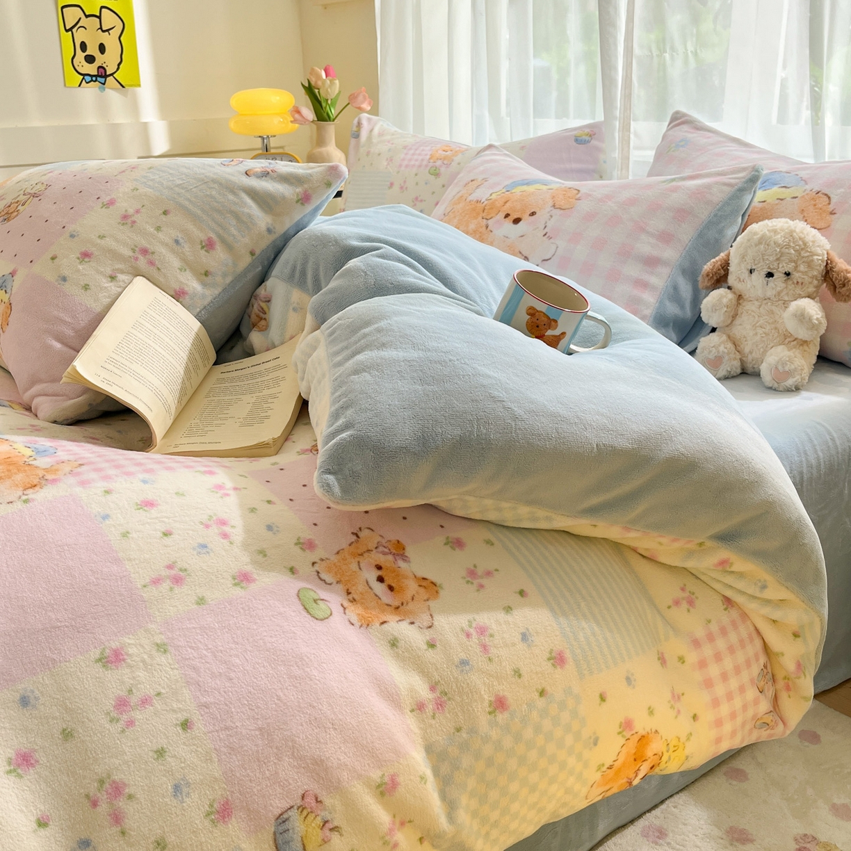 91家纺网 家纺一手货源 找家纺 如一 2025新款高克重卡通印花牛奶绒四件套第三批 慵懒猫