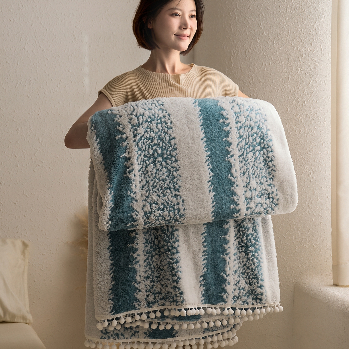91家纺网 家纺一手货源 找家纺 安莱生活 2025新款阳离子羊羔绒200克毛毯--森语雪球系列 森语雪球-筠雾