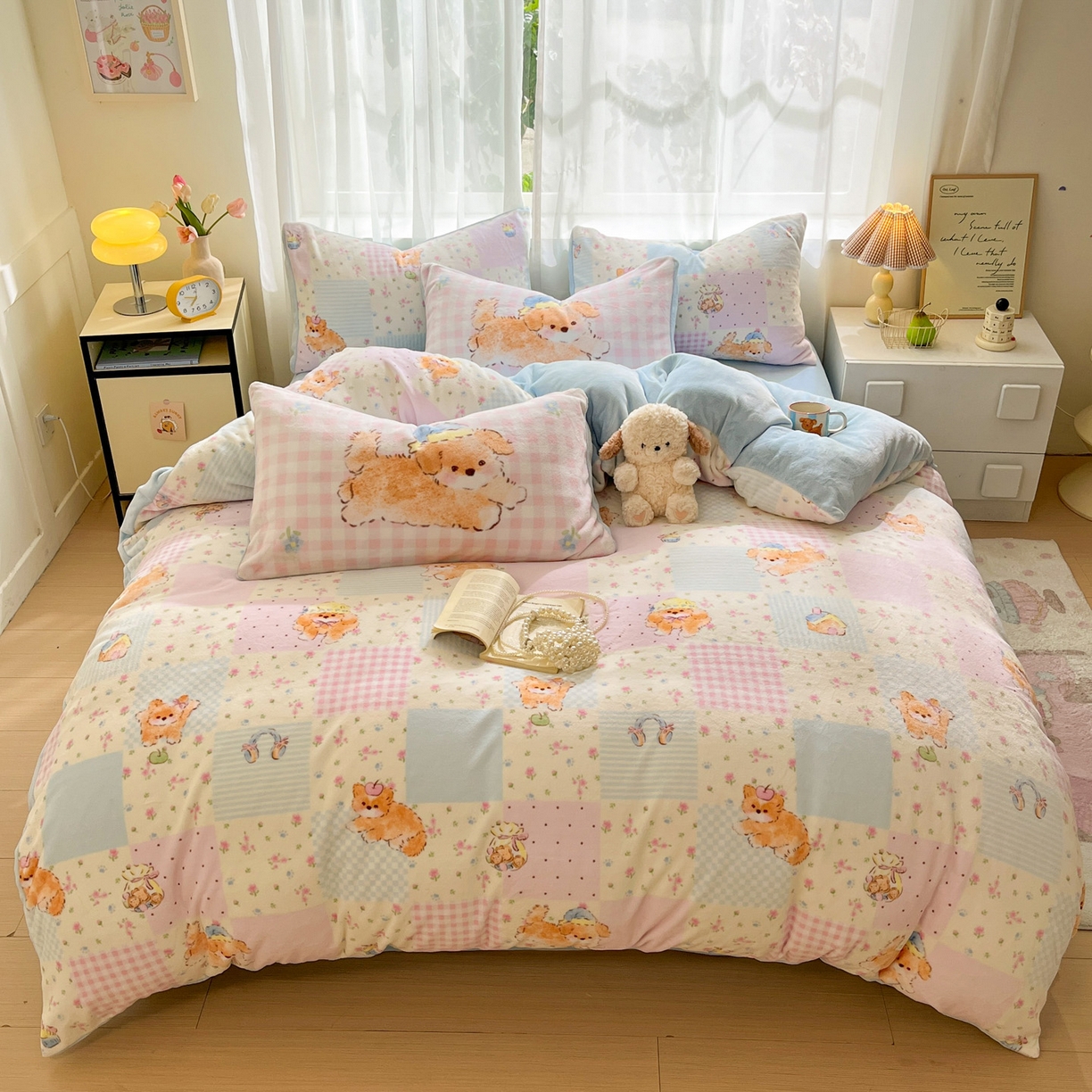 91家纺网 家纺一手货源 找家纺 如一 2025新款高克重卡通印花牛奶绒四件套第三批 慵懒猫