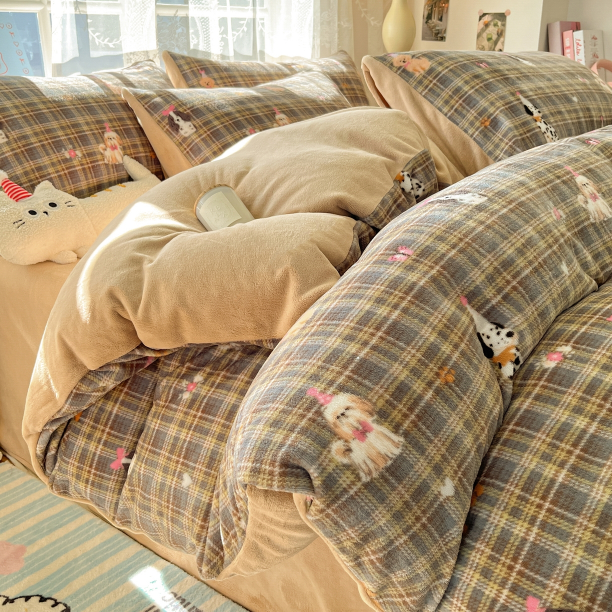 如一 2025新款高克重卡通印花牛奶绒四件套第三批 棕格狗