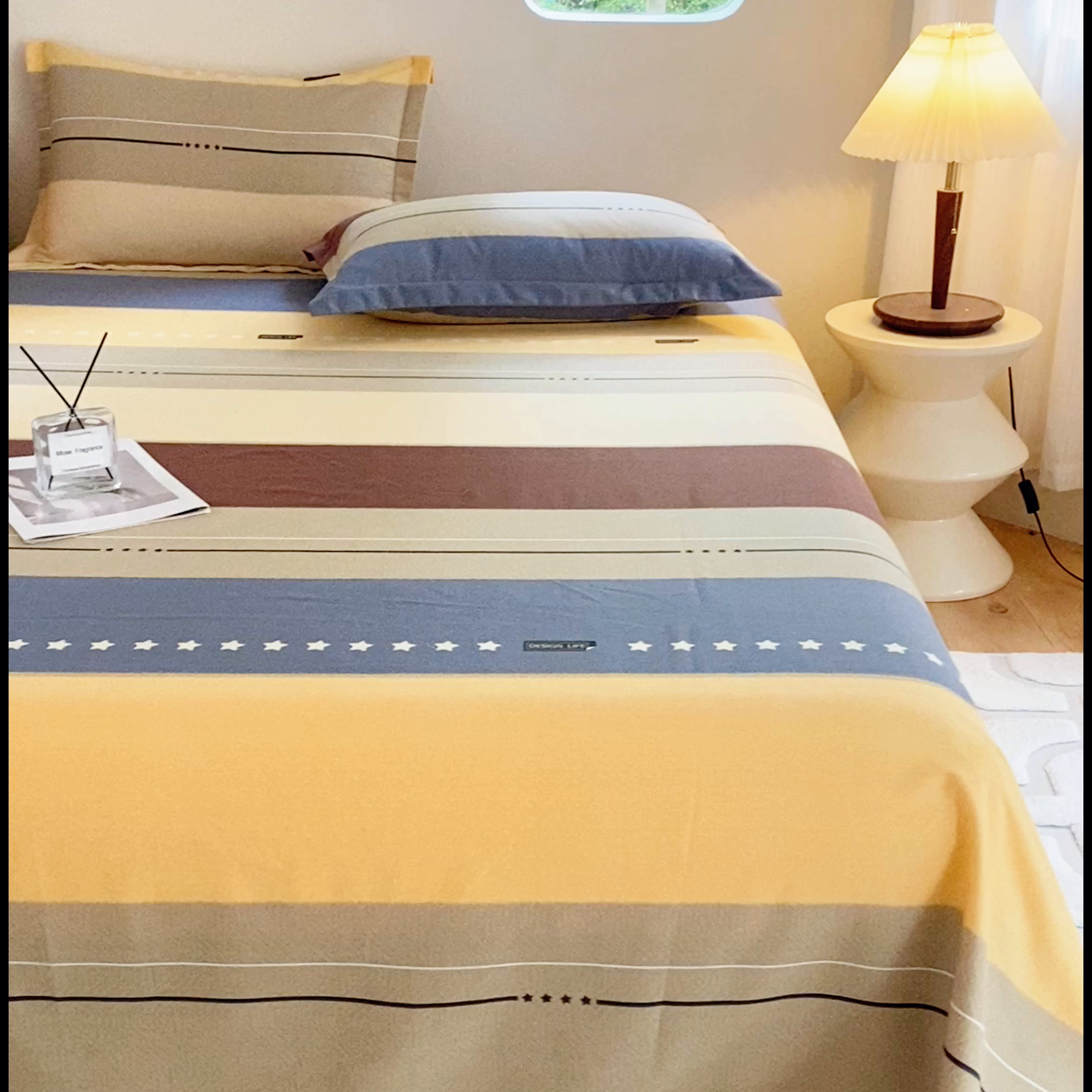 91家纺网 家纺一手货源 找家纺 小叮当家纺仓储工厂店 2025新款（买家秀 不断货）A类全棉纯棉磨毛单床单 床单单件 条纹星星-黄