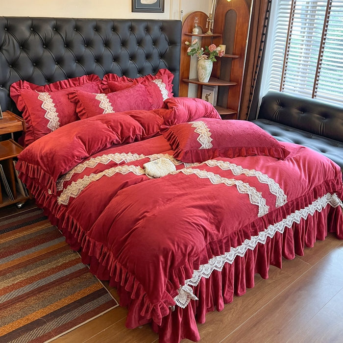 91家纺网 家纺一手货源 找家纺 瑞宝 2025新款宝宝绒床盖四件套-北欧风情（控价 308起） 北欧风情-酒红